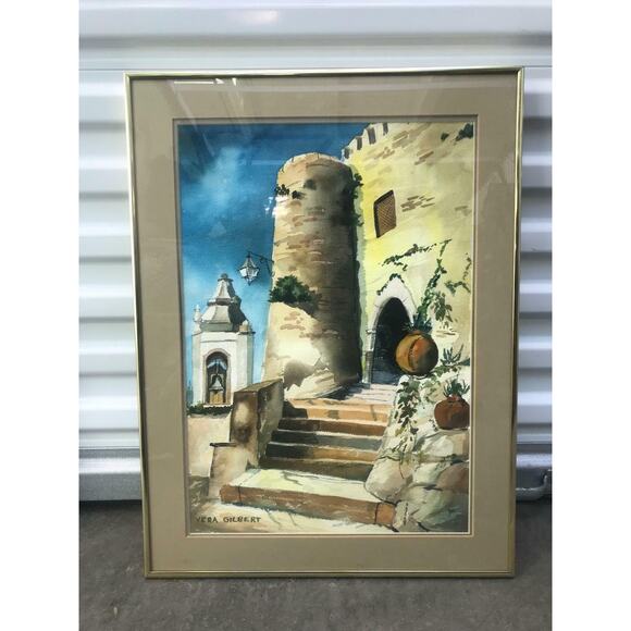 Vera Gilbert Original Signed Watercolor Painting Castle Steps with Plants Framed